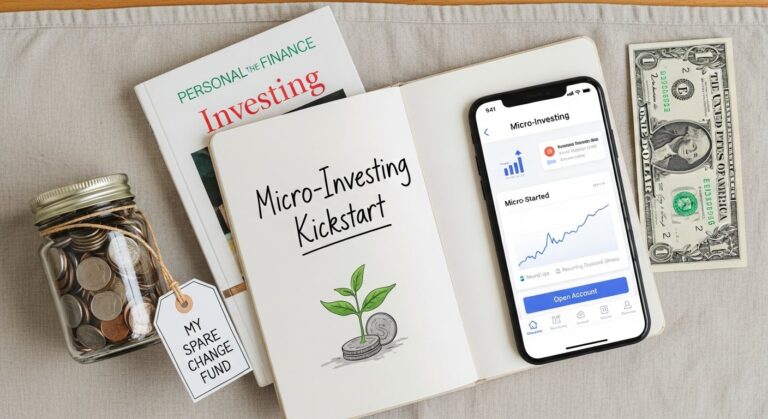 Featured illustration of a person using a micro-investing app on a smartphone, representing personal finance and entrepreneurship