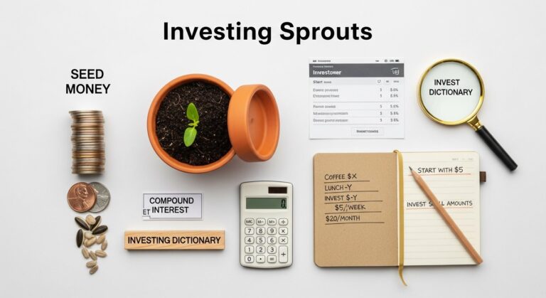 Personal-finance illustration of coins in a jar labeled Invest, representing starting to invest with little money.