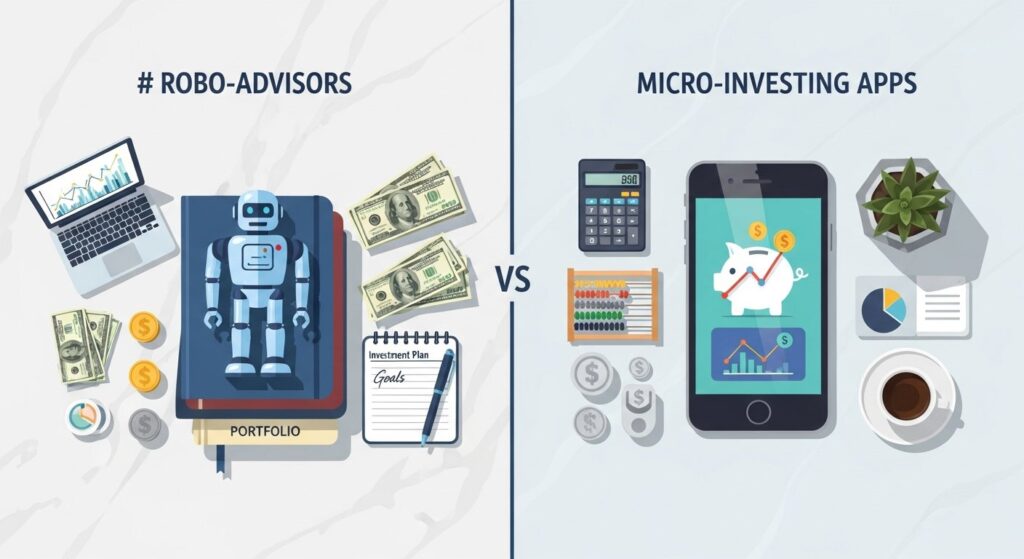 Illustration comparing robo-advisors and micro-investing apps for personal finance and small investors