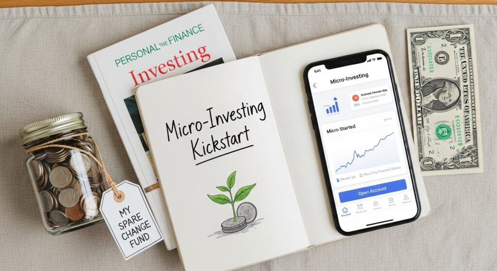 Featured illustration of a person using a micro-investing app on a smartphone, representing personal finance and entrepreneurship