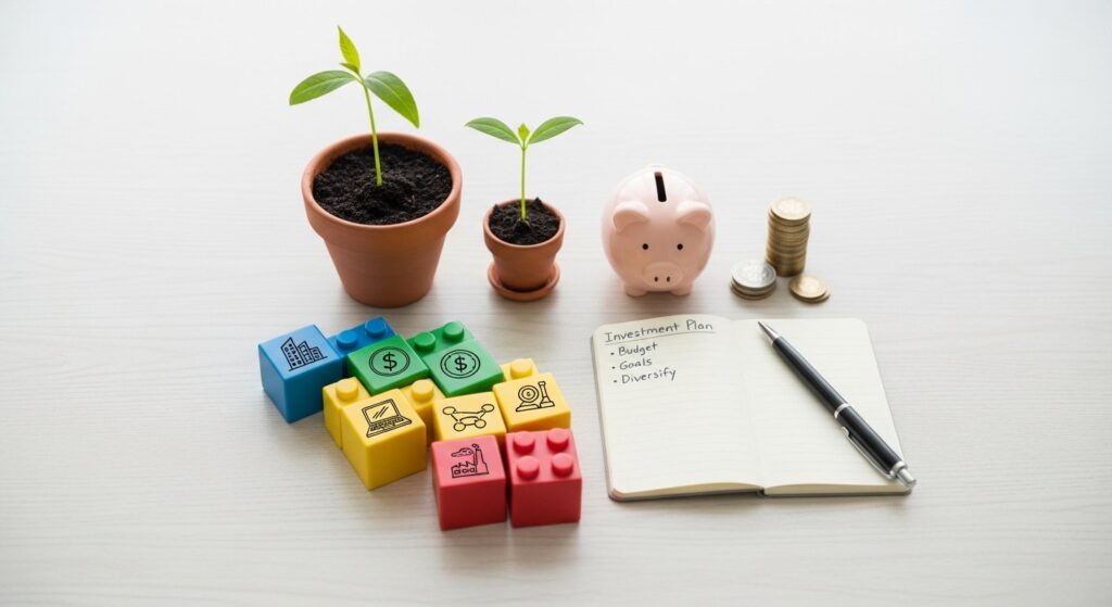 Illustration of a beginner personal finance investment portfolio with diversified assets and charts